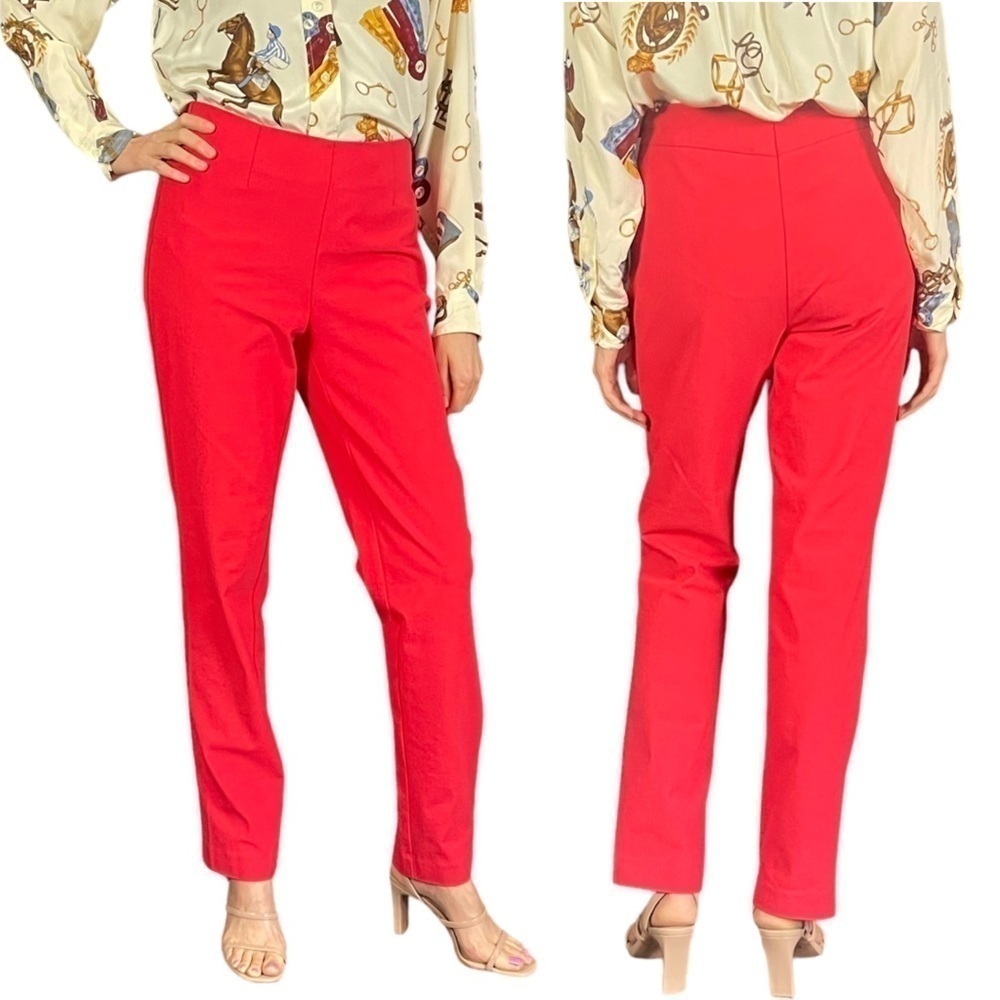 NINA MCLEMORE RED COTTON BLEND HIGH RISE SLIM TROUSER PANT